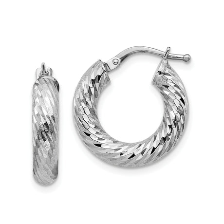 14k White Gold Hoop Earrings, Diamond Cut Twisted Textured Lightweight Style for Women
