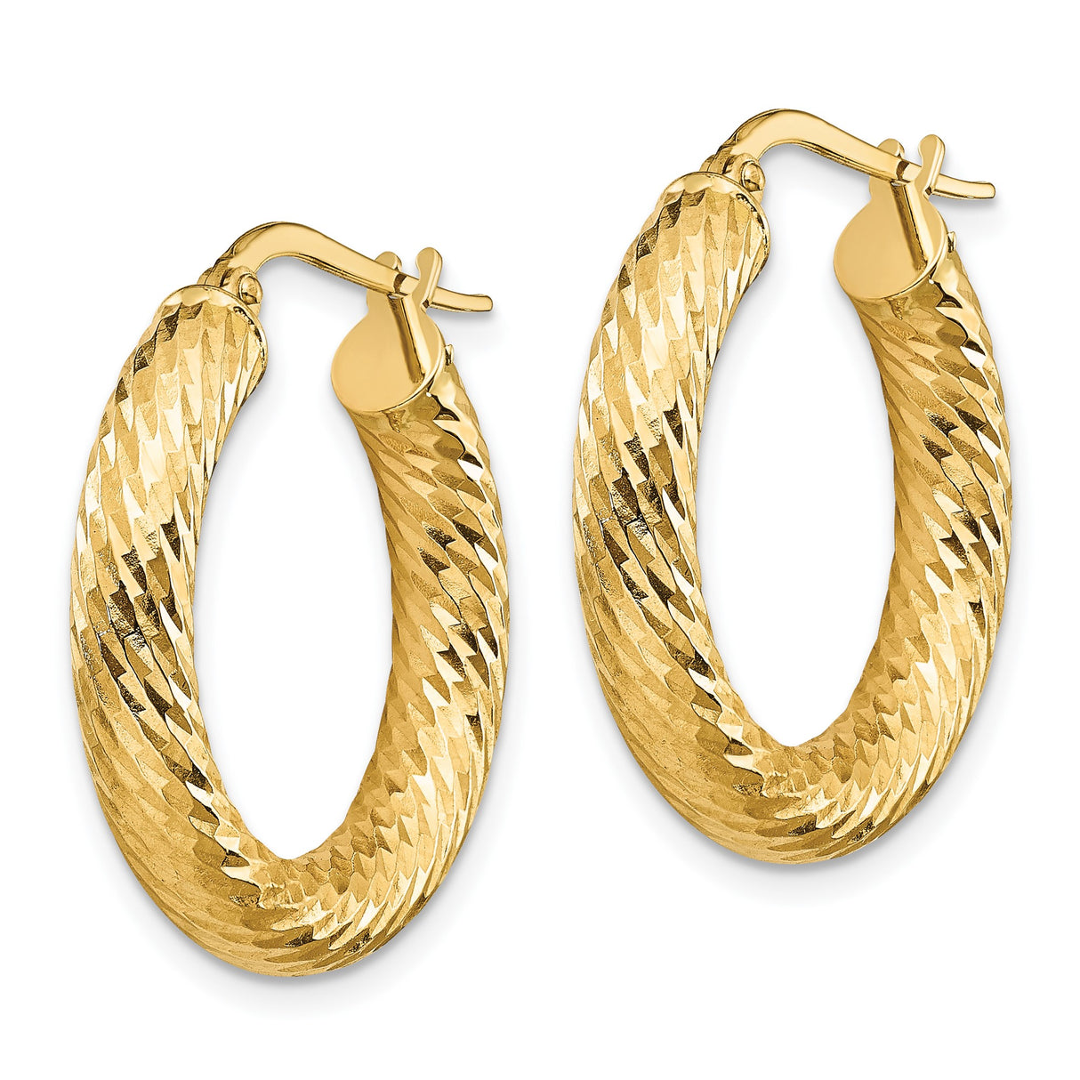 14k Yellow Gold Hoop Earrings, Diamond Cut Textured Round Design for Women