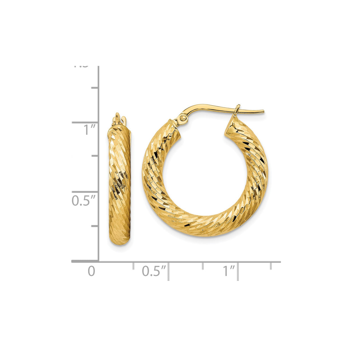 14k Yellow Gold Hoop Earrings, Diamond Cut Textured Round Design for Women