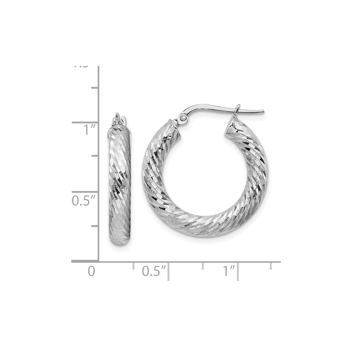 14k White Gold Hoop Earrings with Diamond Cut Twist Texture and High Polish Finish