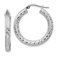 14k White Gold Hoop Earrings with Twisted Diamond Cut Design and Polished Textured Finish