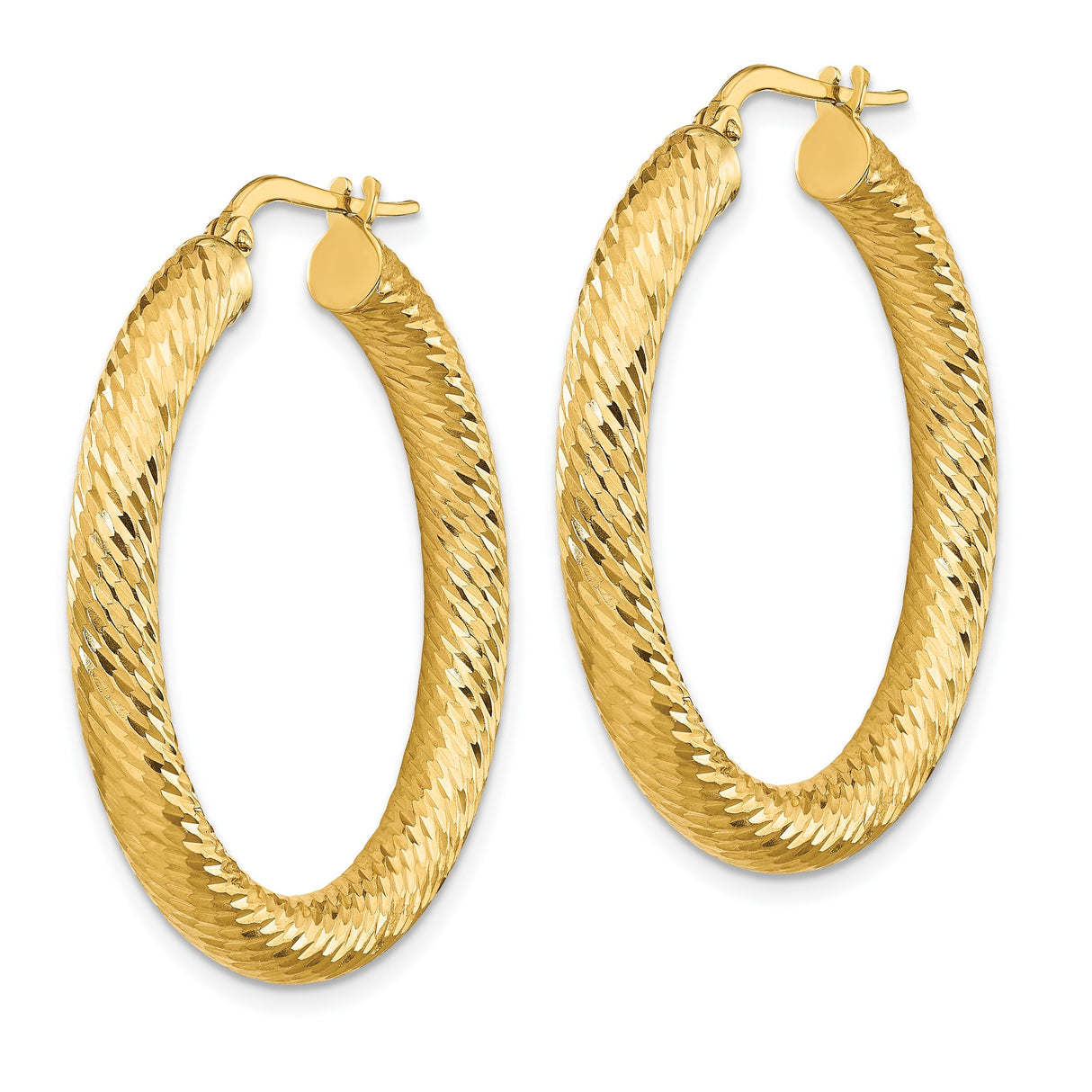 14k Yellow Gold Hoop Earrings, Diamond Cut Textured Design with High Polish Finish