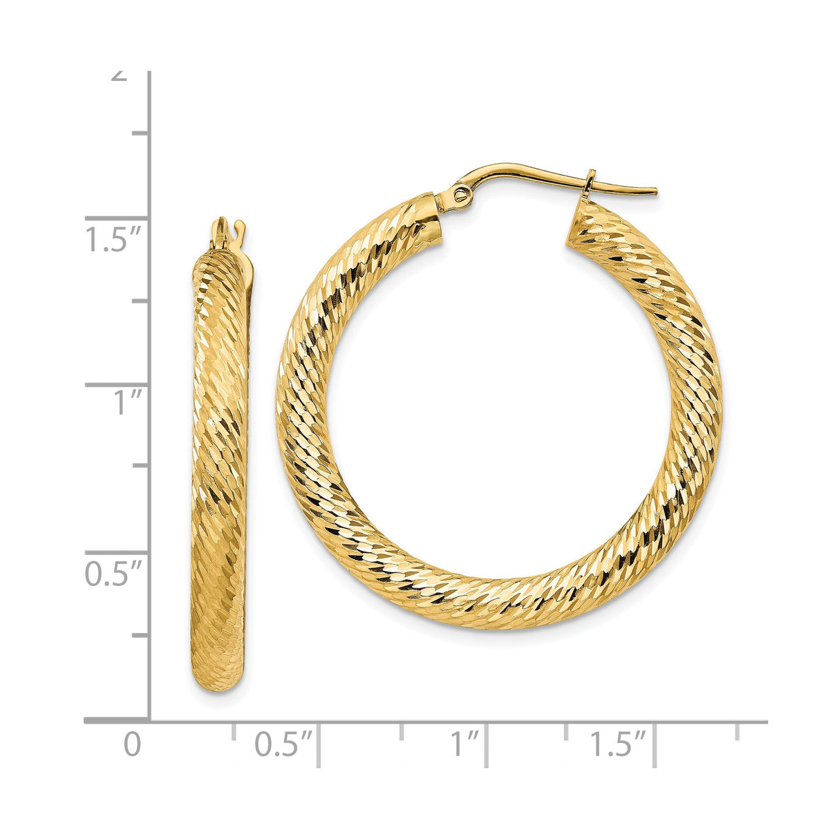 14k Yellow Gold Hoop Earrings, Diamond Cut Textured Design with High Polish Finish