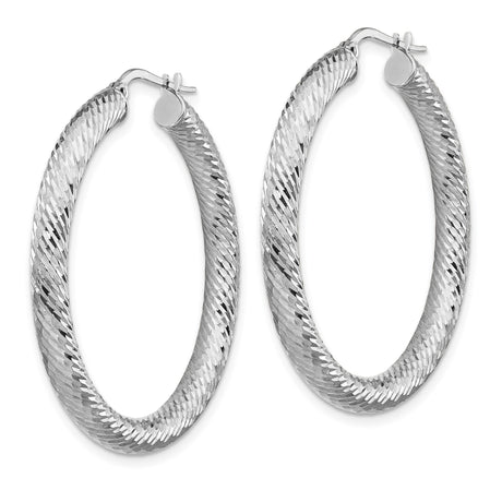 14k White Gold Hoop Earrings, Diamond Cut Textured Hoops with Smooth Finish for Women