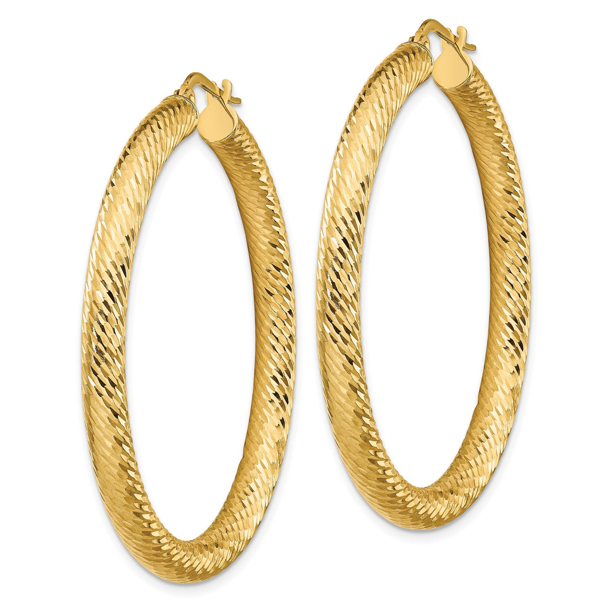 14k Yellow Gold Hoop Earrings, Textured Diamond-Cut Round Design with Polished Shine Finish