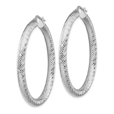 14k White Gold Hoop Earrings, Diamond-Cut Textured Finish, Lightweight Classic Style