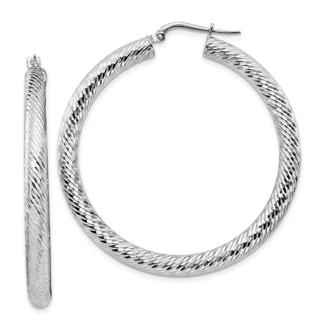 14k White Gold Hoop Earrings, Diamond-Cut Textured Finish, Lightweight Classic Style