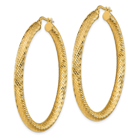 14k Yellow Gold Hoop Earrings, Twisted Diamond Cut Textured Hoops, Polished Finish, Bold Round Design