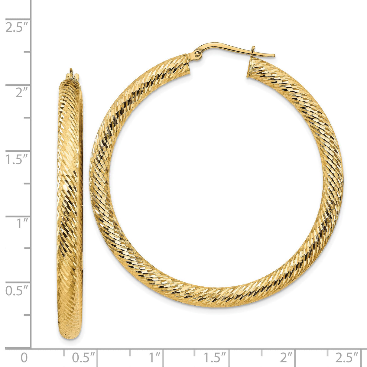14k Yellow Gold Hoop Earrings, Twisted Diamond Cut Textured Hoops, Polished Finish, Bold Round Design