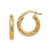 14k Yellow Gold Hoop Earrings, Twisted Diamond Cut Design, Textured Polished Finish