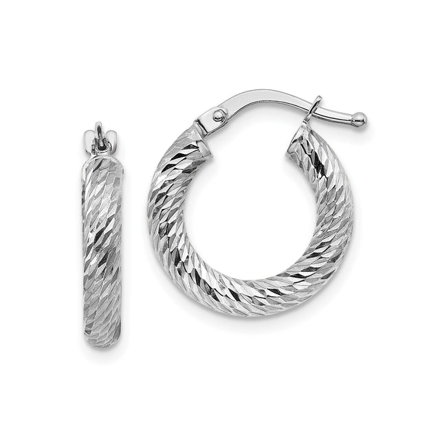 14k White Gold Hoop Earrings, Medium Round with Diamond Cut Textured Finish