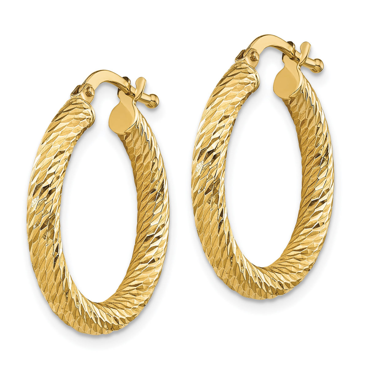 14k Yellow Gold Hoop Earrings, Diamond Cut Textured Round Hoops with Latch Back Closure