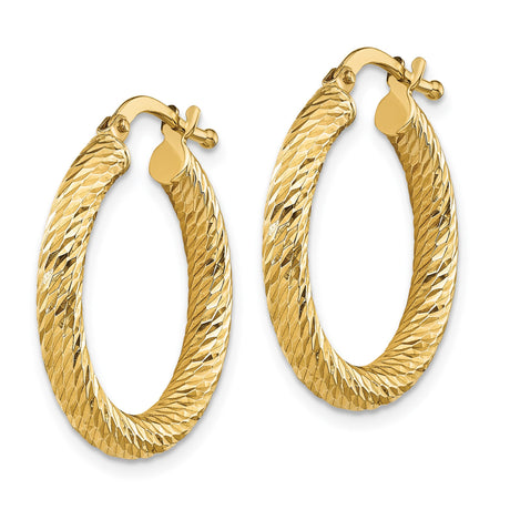 14k Yellow Gold Hoop Earrings, Diamond Cut Textured Round Hoops with Latch Back Closure