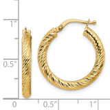 14k Yellow Gold Hoop Earrings, Diamond Cut Textured Round Hoops with Latch Back Closure