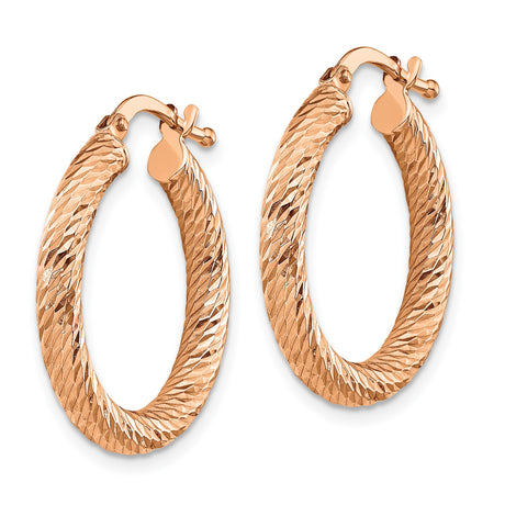 14k Rose Gold Hoop Earrings, Diamond-Cut Textured Round Latch-Back Design for Women