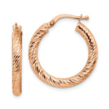 14k Rose Gold Hoop Earrings, Diamond-Cut Textured Round Latch-Back Design for Women