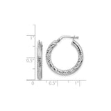 14k White Gold Hoop Earrings, Diamond Cut Textured Round Design, Lightweight Minimal Style