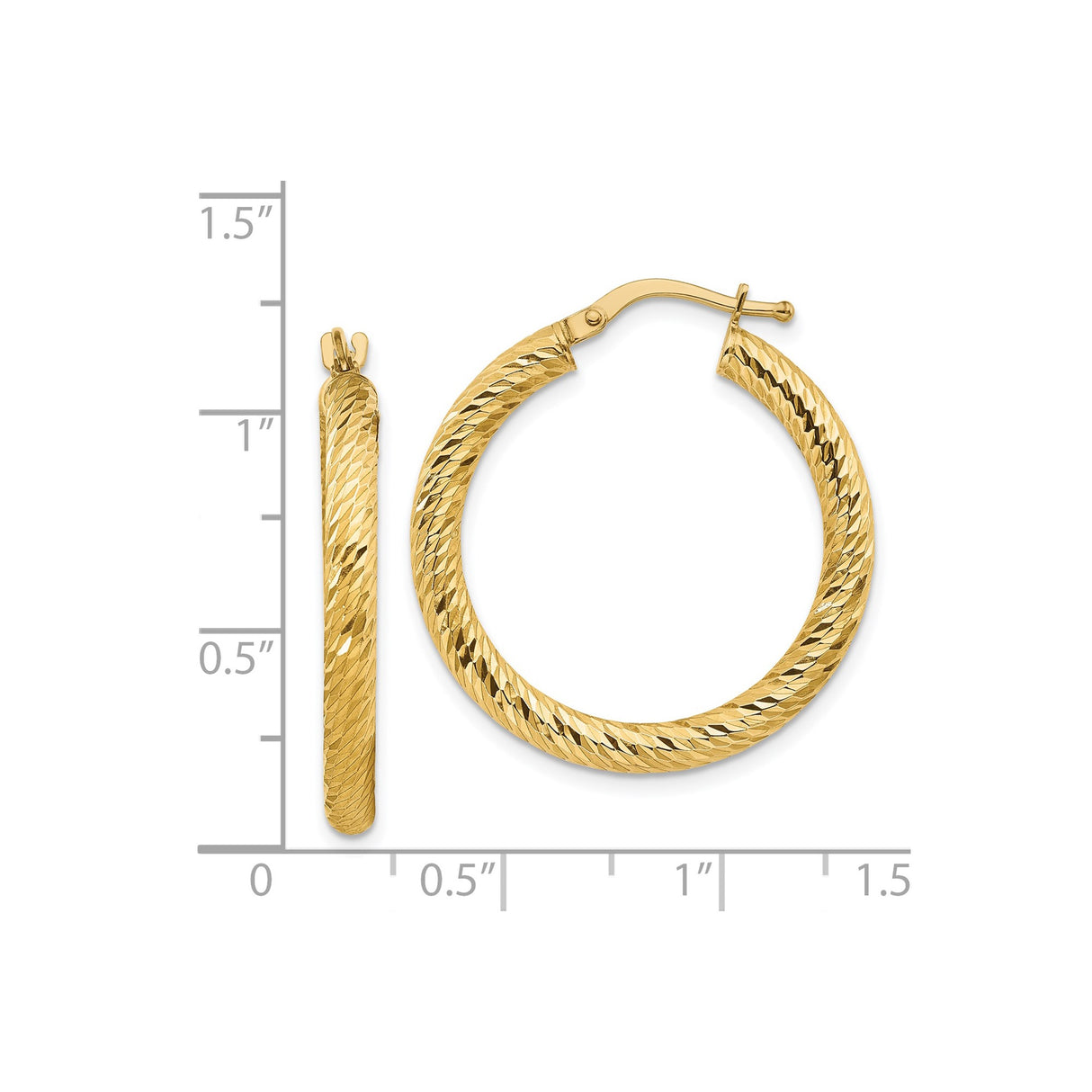 14k Yellow Gold Hoop Earrings, Diamond Cut Textured Round Polished Design for Women