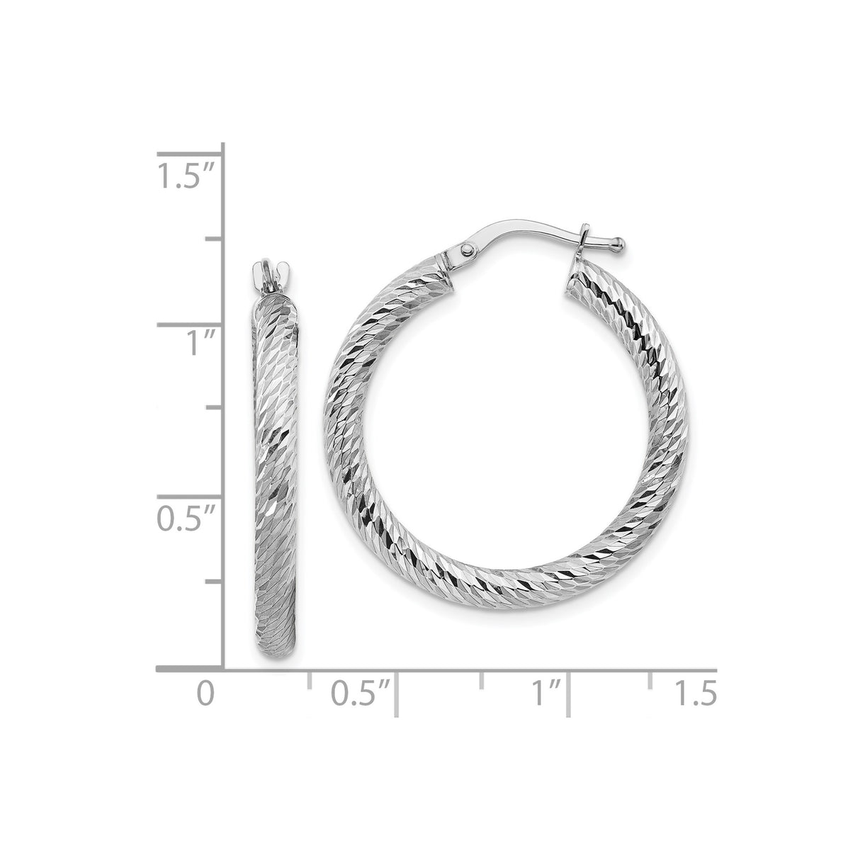 14k White Gold Hoop Earrings, Diamond Cut Texture, Bold Round Polished Design for Women
