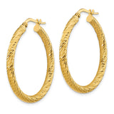 14k Yellow Gold Hoop Earrings, Diamond Cut Textured Round Hoops with Hinged Closure