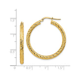 14k Yellow Gold Hoop Earrings, Diamond Cut Textured Round Hoops with Hinged Closure