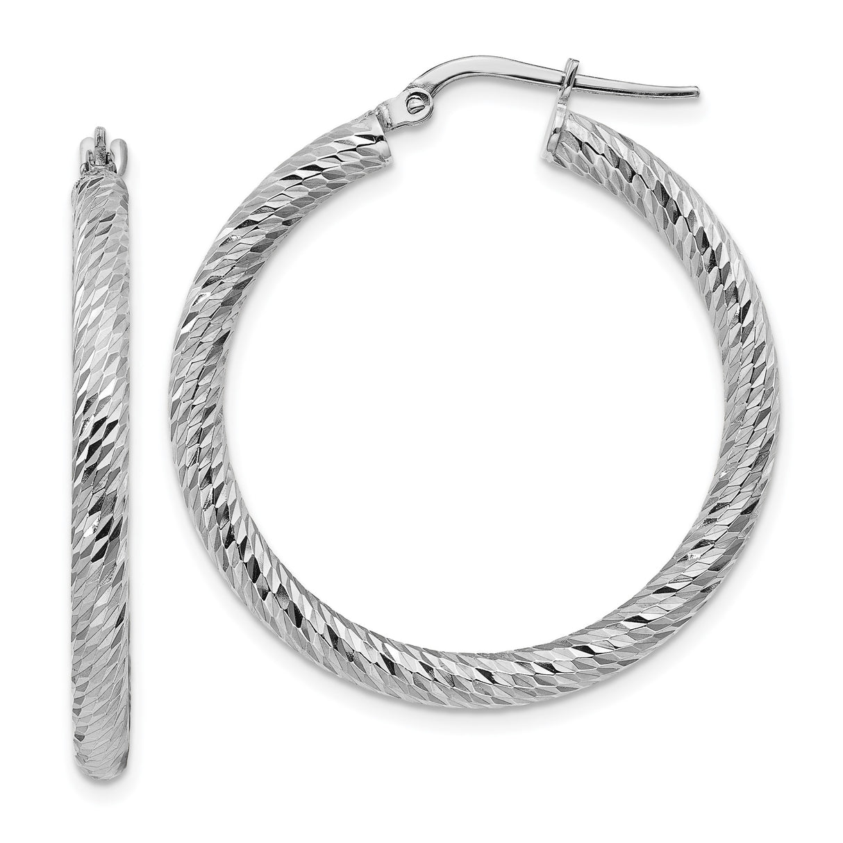14k White Gold Hoop Earrings, Diamond Cut Textured Finish with Latch Back Closure