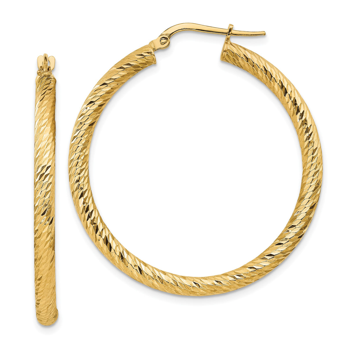14k Yellow Gold Hoop Earrings, Textured Diamond Cut Round Hoops with Polished Finish