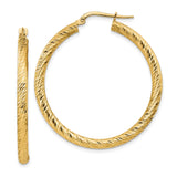 14k Yellow Gold Hoop Earrings, Textured Diamond Cut Round Hoops with Polished Finish
