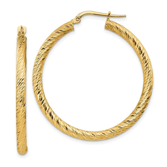 14k Yellow Gold Hoop Earrings, Textured Diamond Cut Round Hoops with Polished Finish