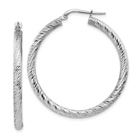 14k White Gold Hoop Earrings, Diamond Cut Textured Round Design, Lightweight and Shiny Finish