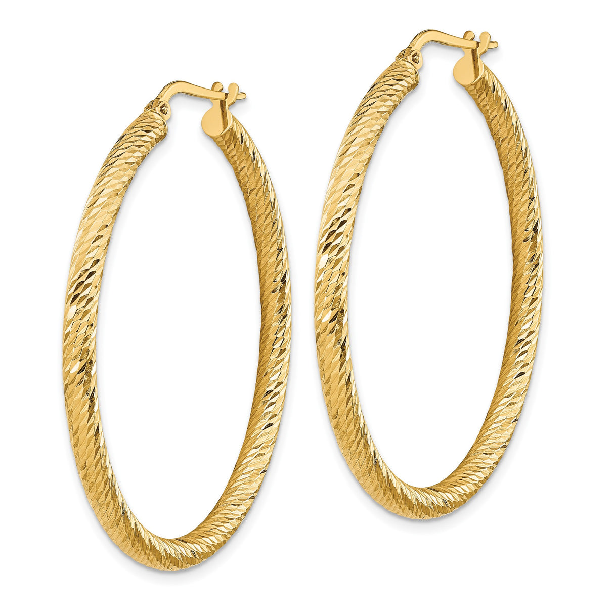 14k Yellow Gold Hoop Earrings, Diamond Cut Textured Round Hoops with Polished Finish