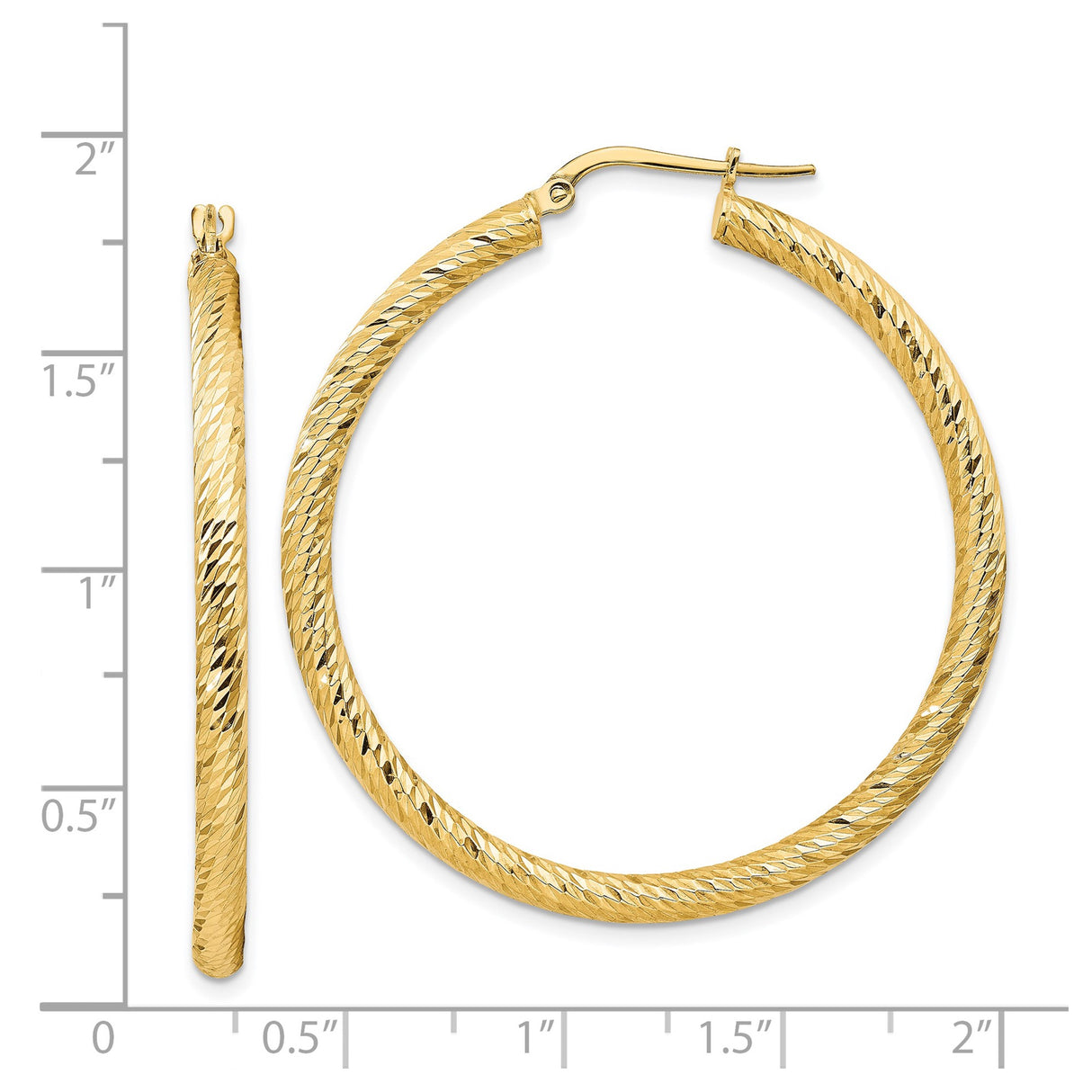 14k Yellow Gold Hoop Earrings, Diamond Cut Textured Round Hoops with Polished Finish