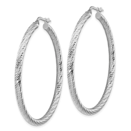 14k White Gold Hoop Earrings, Diamond Cut with Textured High Polish Finish, Lightweight Round Design