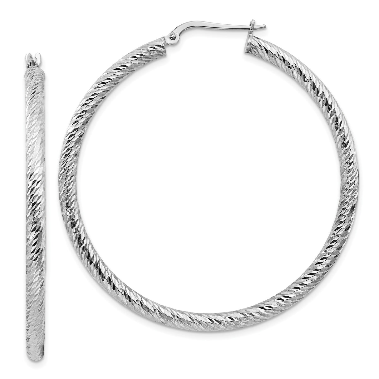 14k White Gold Hoop Earrings, Diamond Cut with Textured High Polish Finish, Lightweight Round Design