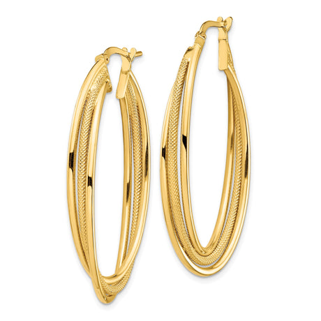 14k Yellow Gold Oval Hoop Earrings, Textured and Polished Double Row Design, Lightweight Jewelry