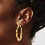 14k Yellow Gold Oval Hoop Earrings, Textured and Polished Double Row Design, Lightweight Jewelry