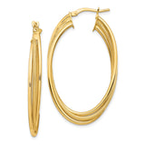 14k Yellow Gold Oval Hoop Earrings, Textured and Polished Double Row Design, Lightweight Jewelry