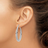 14k White Gold Oval Hoop Earrings, Textured Polished Double Row Design, Classic Lightweight Style