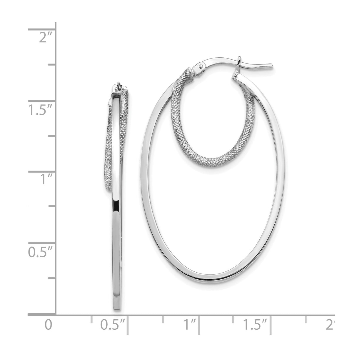 14k White Gold Oval Hoop Earrings with Textured and Polished Dual-Layer Design