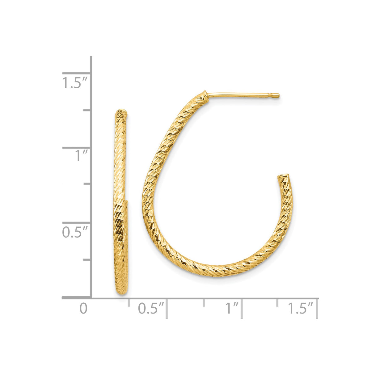 14k Yellow Gold Hoop Earrings, Textured Diamond Cut Finish, Medium Size, Lightweight Jewelry