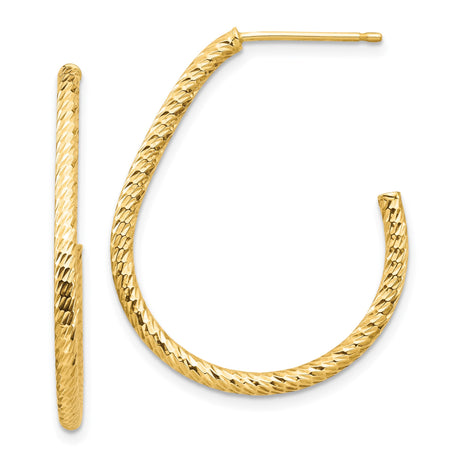 14k Yellow Gold Hoop Earrings, Textured Diamond Cut Finish, Medium Size, Lightweight Jewelry