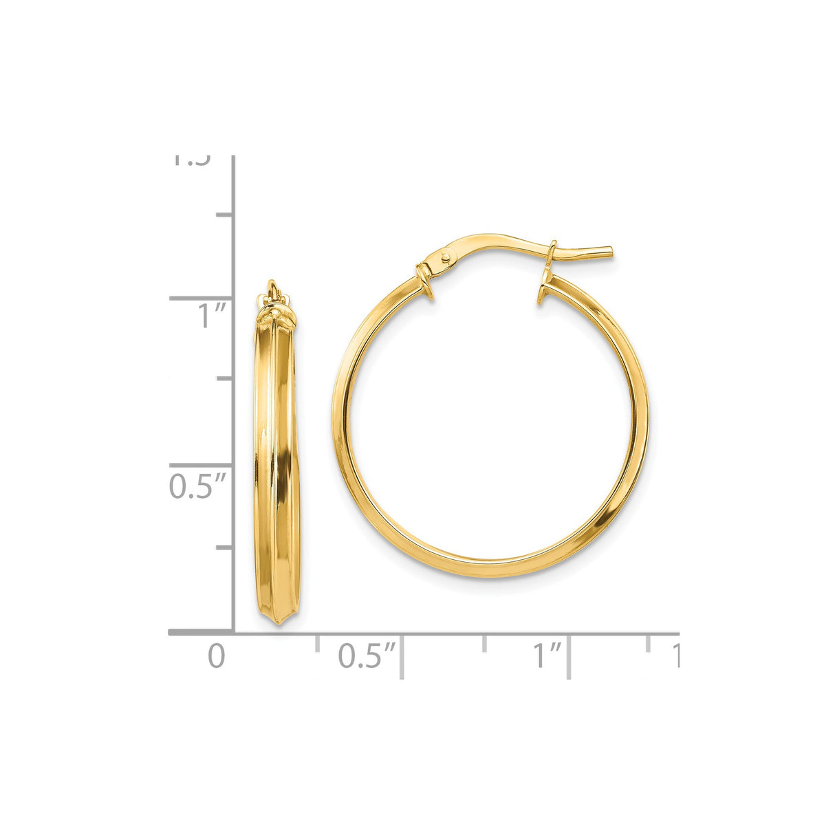 14k Yellow Gold Hoop Earrings, Classic Round Design with Beveled Edge and Latch Back Closure