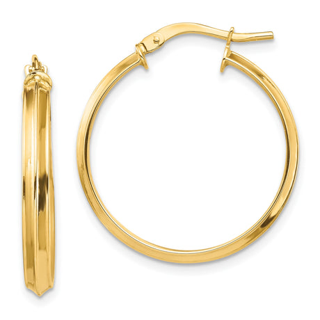 14k Yellow Gold Hoop Earrings, Classic Round Design with Beveled Edge and Latch Back Closure