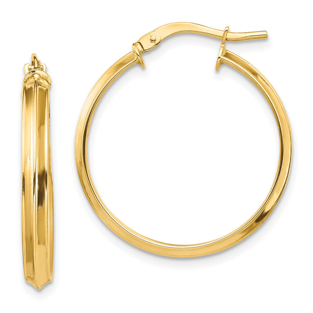14k Yellow Gold Hoop Earrings, Classic Round Design with Beveled Edge and Latch Back Closure