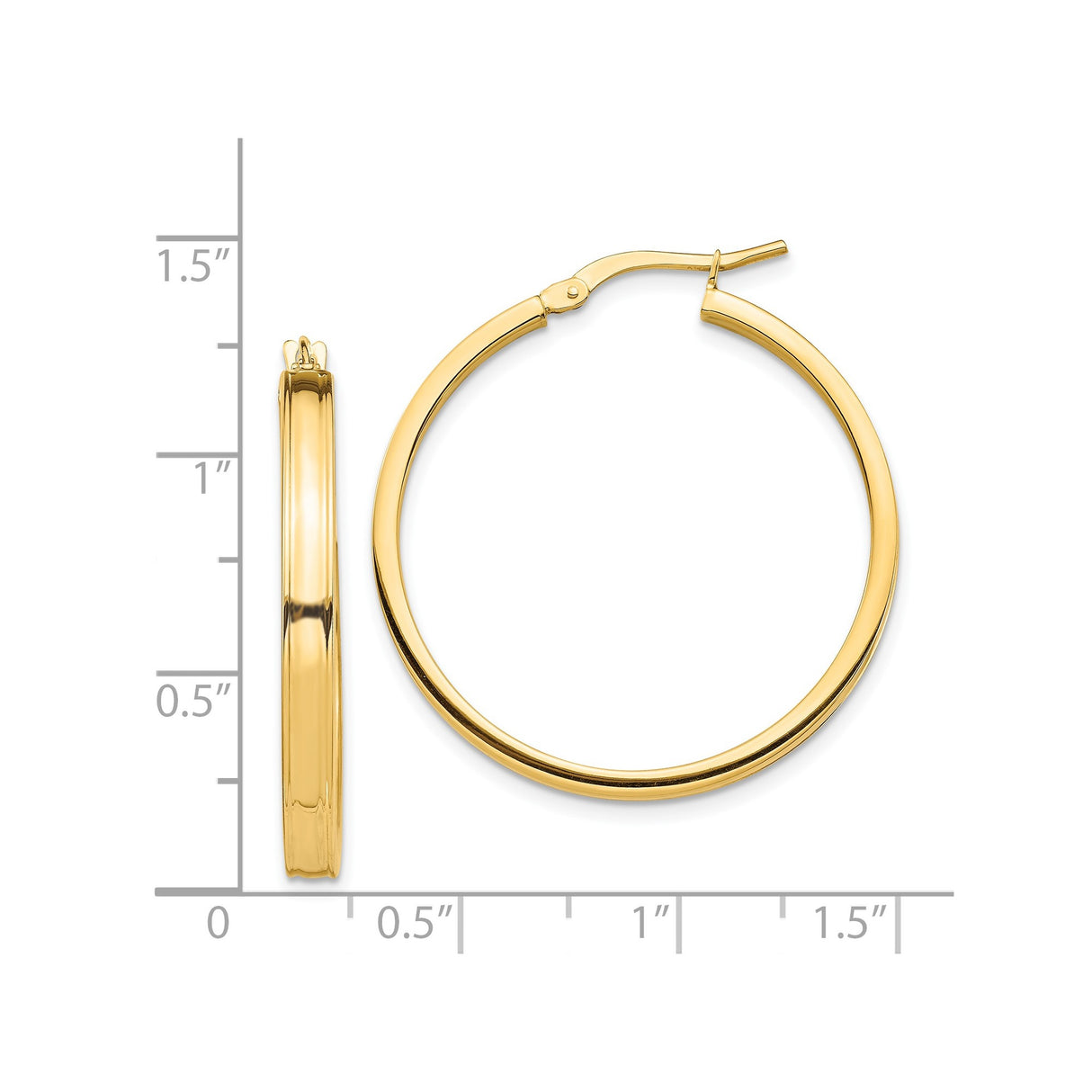 14k Yellow Gold Hoop Earrings, Medium Size with Smooth Polished Finish and Latch Back Closure