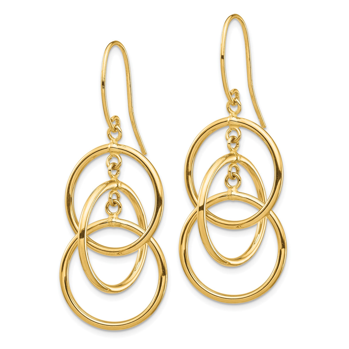 14k Yellow Gold Dangle Earrings with Interlocking Open Hoops, Lightweight Drop Design