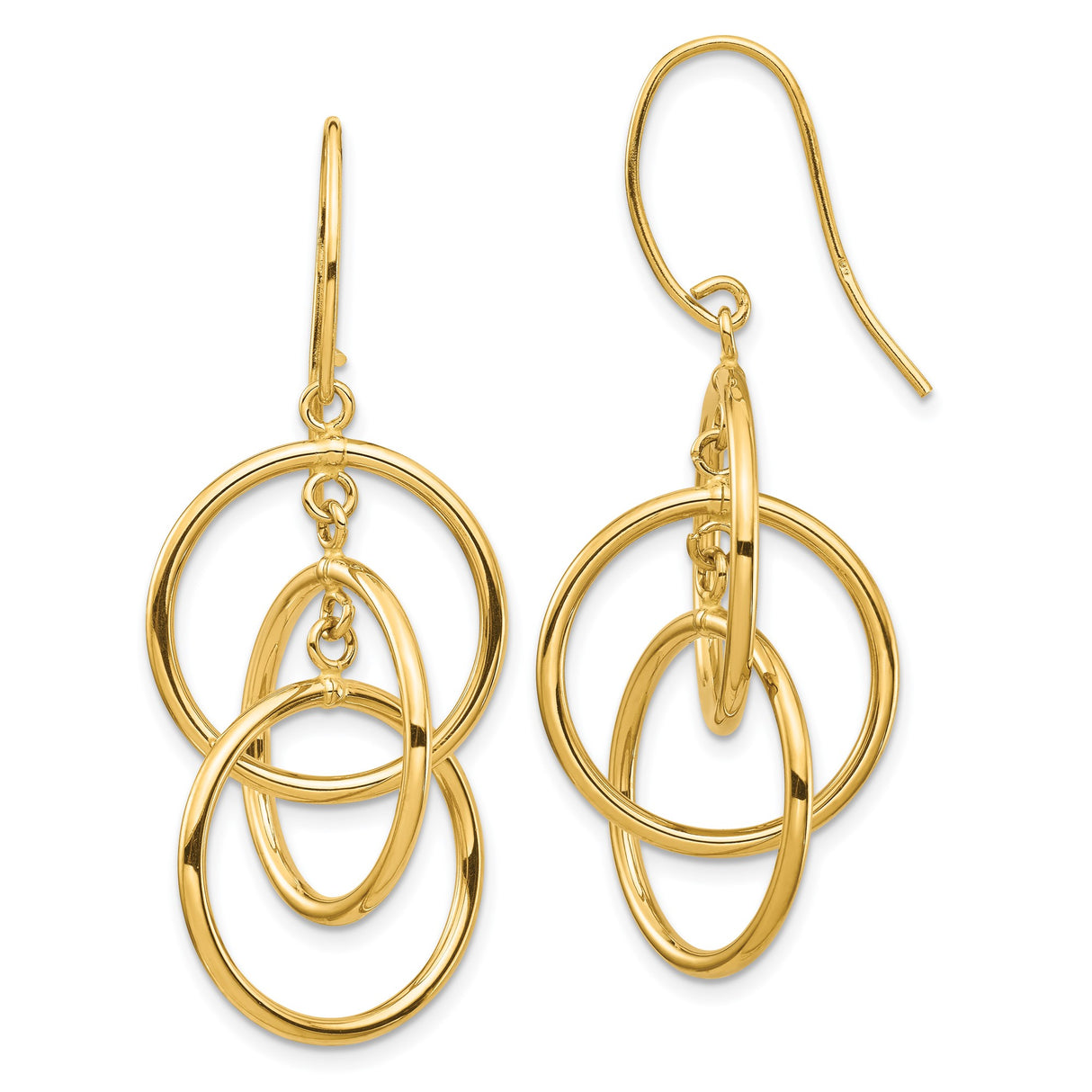 14k Yellow Gold Dangle Earrings with Interlocking Open Hoops, Lightweight Drop Design