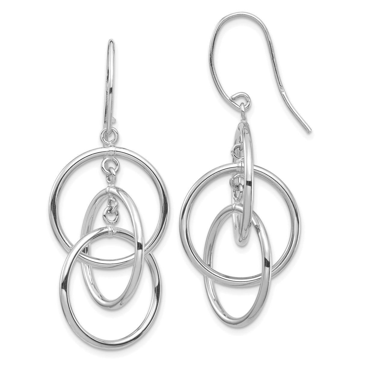 14k White Gold Dangle Earrings with Interlocking Oval and Round Hoops, Modern Minimalist Design