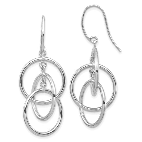 14k White Gold Dangle Earrings with Interlocking Oval and Round Hoops, Modern Minimalist Design