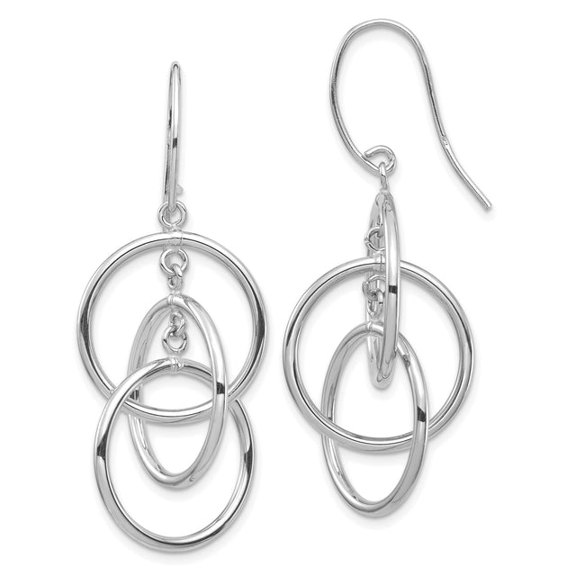 14k White Gold Dangle Earrings with Interlocking Oval and Round Hoops, Modern Minimalist Design